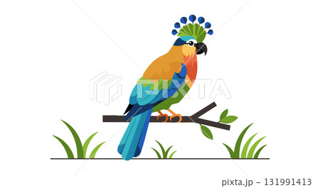 Colorful Parrot Bird Sitting on Branch with Green Leaves Vector Illustration 131991413