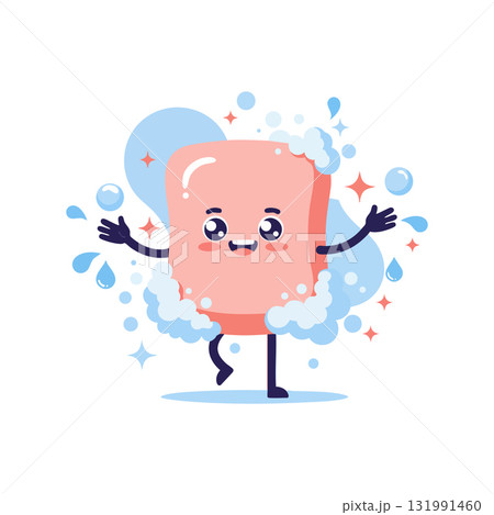 Cute animated soap bar character with bubbles and water drops vector illustration 131991460