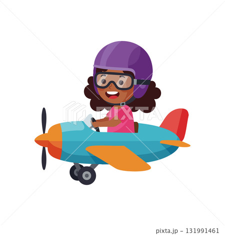 Child Pilot Flying Blue and Orange Airplane Wearing Purple Helmet and Goggles 131991461