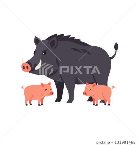 Wild boar with two piglets animal family vector illustration in natural setting Wild boar with two piglets animal family vector illustration in natural setting 131991468