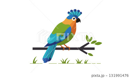 Colorful parrot perched on branch with green leaves flat vector illustration 131991476