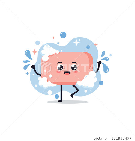 Cute happy pink soap bar with bubbles and water splash vector illustration 131991477