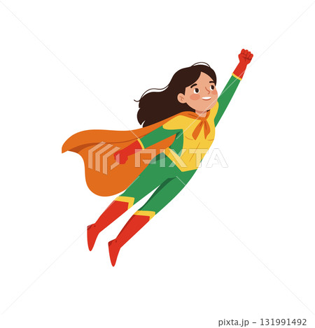 Girl superhero flying in green costume with orange cape heroic female character vector illustration 131991492