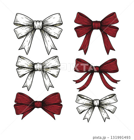 Hand drawn red and white ribbon bows vector set for decoration and craft designs 131991493
