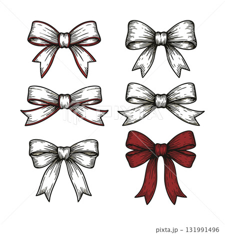 Hand Drawn Vintage Ribbon Bows Collection with Red and White Colors Vector Illustration 131991496