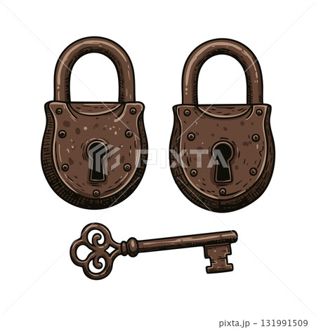Vintage rusty iron padlocks and antique key vector illustration for security and protection design Vintage rusty iron padlocks and antique key vector illustration for security and protection design 131991509