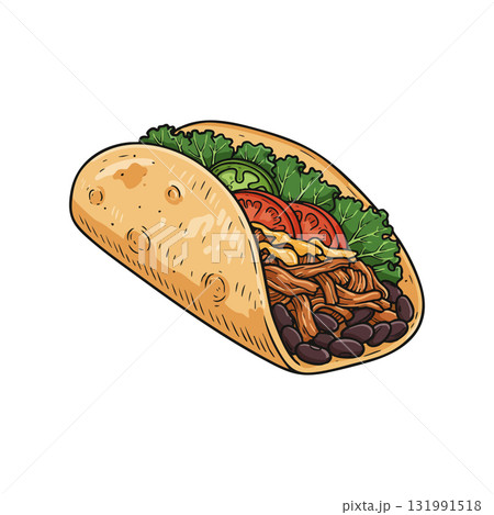 Mexican pulled pork taco with beans lettuce tomato and cheese vector illustration 131991518