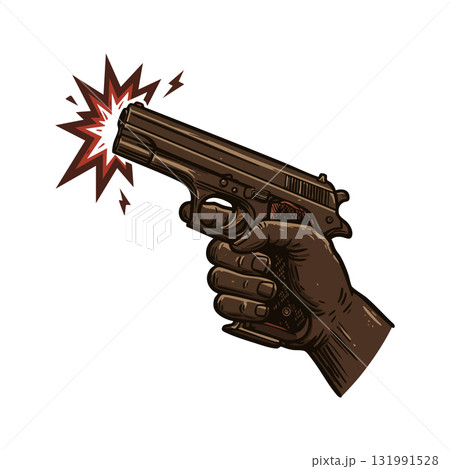 Hand holding firing pistol gun with muzzle flash and sparks vector illustration Hand holding firing pistol gun with muzzle flash and sparks vector illustration 131991528