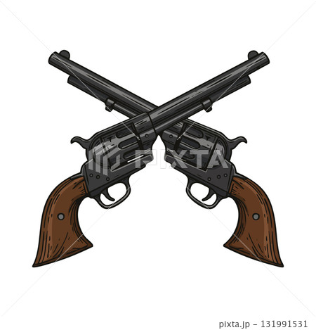 Crossed vintage revolver guns with wooden handles classic weapon vector illustration Crossed vintage revolver guns with wooden handles classic weapon vector illustration 131991531