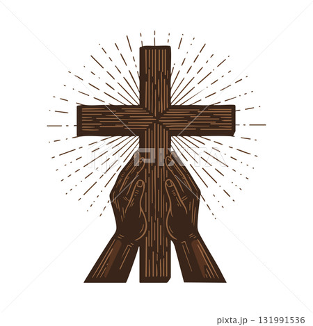 Wooden cross held by praying hands with radiant spiritual light vector illustration 131991536