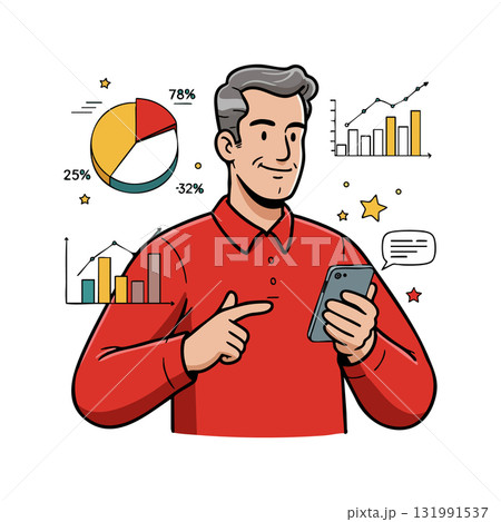 Man in red shirt analyzing data charts on smartphone with graphs and pie chart vector illustration Man in red shirt analyzing data charts on smartphone with graphs and pie chart vector illustration 131991537