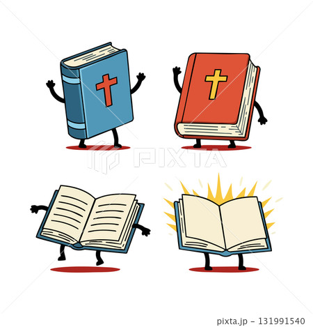 Cartoon Religious Bible Books with Cross Symbols in Blue and Red Covers Vector Illustration 131991540