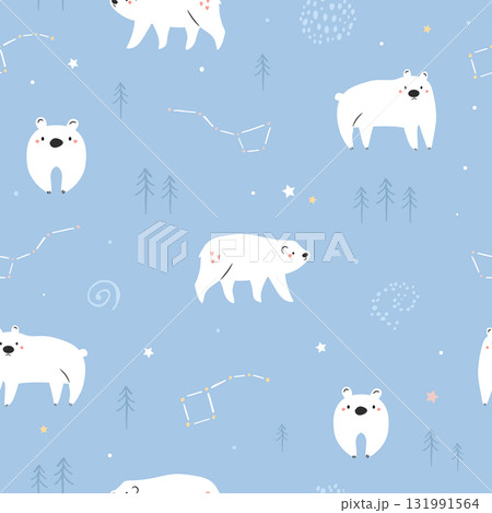 Adorable Polar Bear Pattern on Blue Background, Scandinavian Winter Illustration for Kids Adorable Polar Bear Pattern on Blue Background, Scandinavian Winter Illustration for Kids 131991564