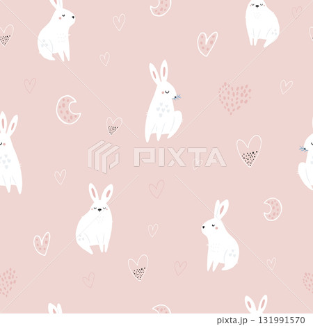 Cute White Bunny Seamless Pattern. Pink and Heart Background 131991570