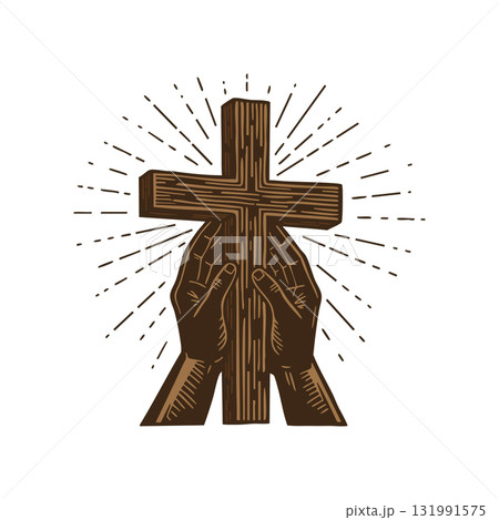 Hands Holding Wooden Christian Cross with Radiant Light Rays Illustration Vector Art 131991575