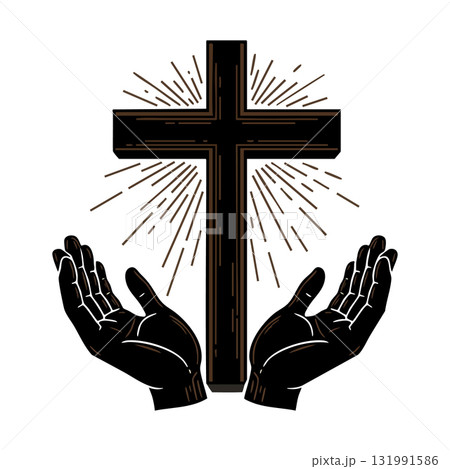 Cross with Radiant Light and Open Hands Christian Religious Vector Illustration 131991586