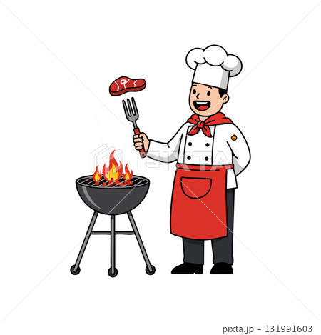 Chef grilling steak on barbecue grill with fire and fork vector illustration 131991603