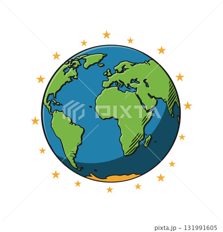Earth Globe with Green Continents Blue Oceans and Surrounding Yellow Stars Vector Illustration Earth Globe with Green Continents Blue Oceans and Surrounding Yellow Stars Vector Illustration 131991605