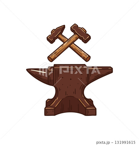 Blacksmith anvil with crossed hammers vector illustration tool design for metalwork craftsman Blacksmith anvil with crossed hammers vector illustration tool design for metalwork craftsman 131991615