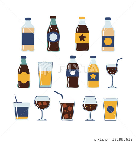 Assorted beverage bottles and glasses vector illustration with soda juice and water drinks 131991618