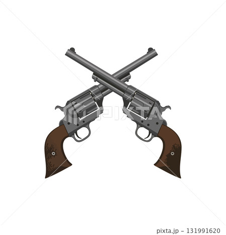 Crossed vintage revolver pistols with brown handles vector illustration for western designs Crossed vintage revolver pistols with brown handles vector illustration for western designs 131991620