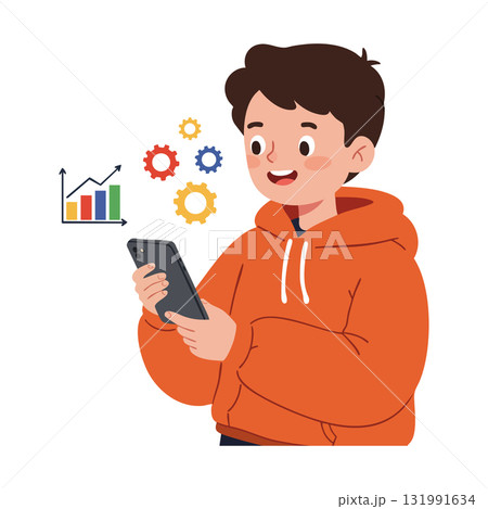 Boy in orange hoodie using smartphone with colorful graph and gears vector illustration 131991634