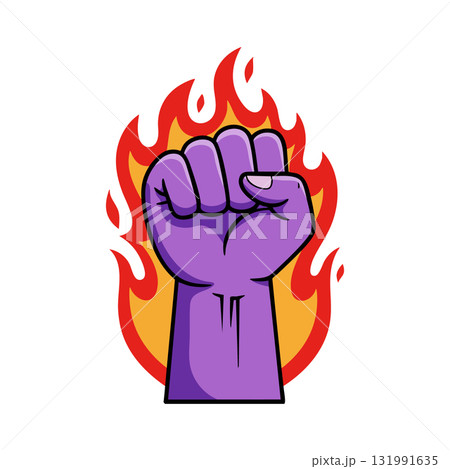 Purple Fist Raised with Red and Orange Flames Vector Illustration Symbolizing Power and Strength 131991635