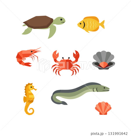 Marine Animals Vector Set with Turtle Fish Crab Shrimp Seahorse and Shells Illustration Marine Animals Vector Set with Turtle Fish Crab Shrimp Seahorse and Shells Illustration 131991642