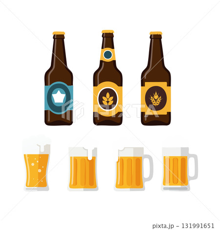 Beer bottles and glasses with foam vector illustration in brown and yellow colors Beer bottles and glasses with foam vector illustration in brown and yellow colors 131991651