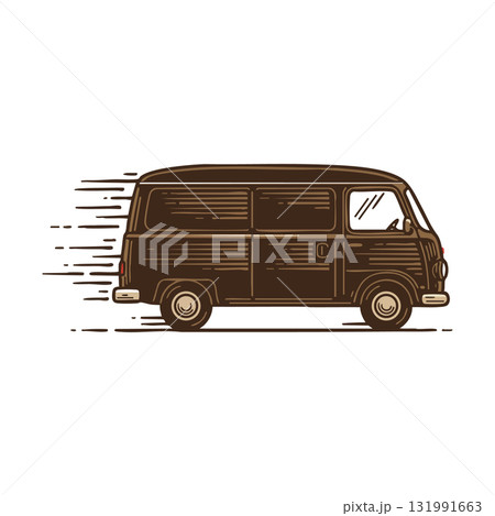 Vintage brown delivery van speeding on white background vector illustration 131991663