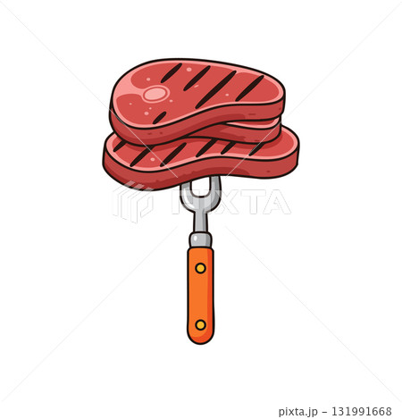 Grilled steak meat on fork with orange handle vector illustration food cooking barbecue 131991668