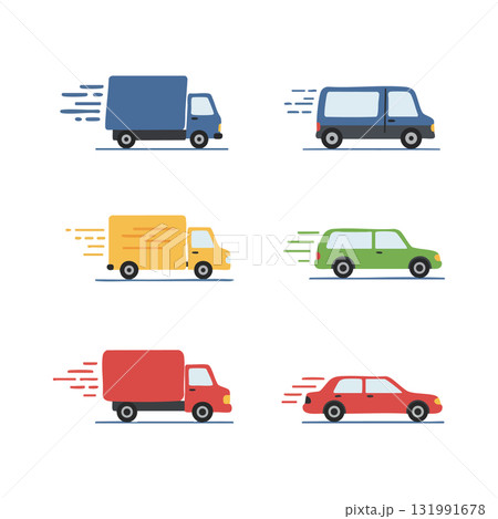 Delivery trucks and passenger cars in blue yellow red green fast motion vector illustration 131991678
