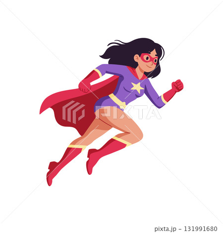 Female superhero flying forward in dynamic pose with red cape and star emblem vector illustration 131991680