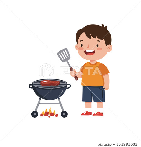 Boy cooking barbecue steak on grill outdoor summer casual lifestyle vector illustration 131991682