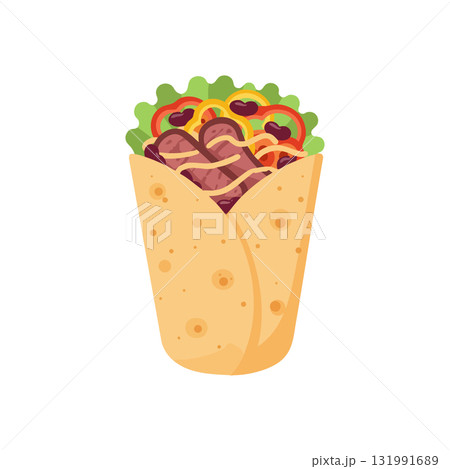Burrito filled with grilled meat vegetables and fresh greens vector illustration 131991689