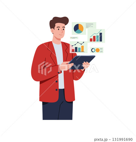 Man analyzing business charts on tablet with red jacket and data visualization Man analyzing business charts on tablet with red jacket and data visualization 131991690