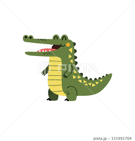 Cartoon crocodile standing smiling with open mouth green and yellow vector illustration 131991704