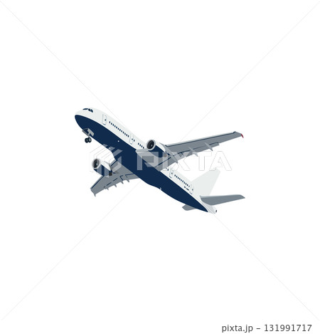 Commercial airplane flying perspective vector illustration in white and blue colors Commercial airplane flying perspective vector illustration in white and blue colors 131991717
