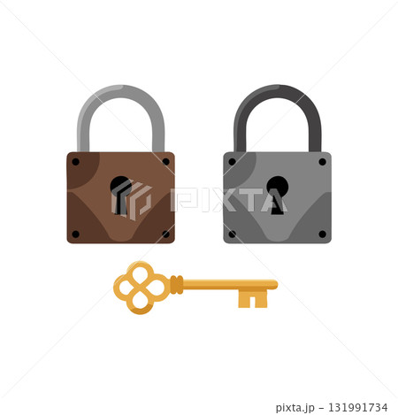 Two vintage padlocks with classic golden key vector illustration in simple style Two vintage padlocks with classic golden key vector illustration in simple style 131991734