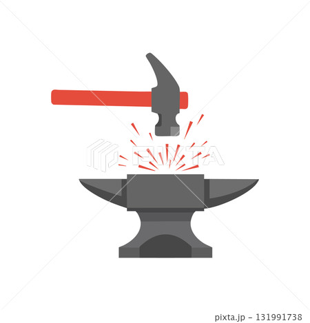 Hammer Striking Anvil Producing Sparks Blacksmithing Tool Vector Illustration 131991738