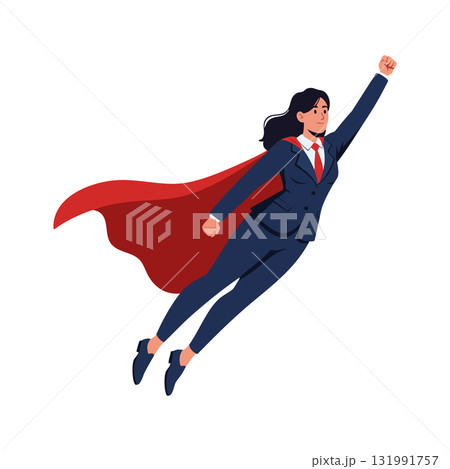 Businesswoman superhero flying with red cape in confident powerful pose vector illustration 131991757