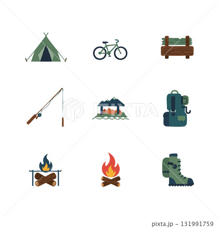 Camping Equipment and Outdoor Adventure Icons Including Tent Bicycle and Campfire Set 131991759