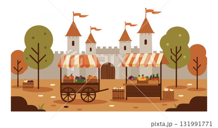 Medieval Market Scene with Castle and Autumn Trees in Warm Brown and Orange Colors vector illustration 131991771