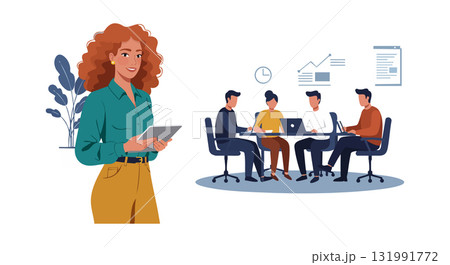 Redheaded woman holding tablet with business team collaborating on laptop in office vector illustration 131991772