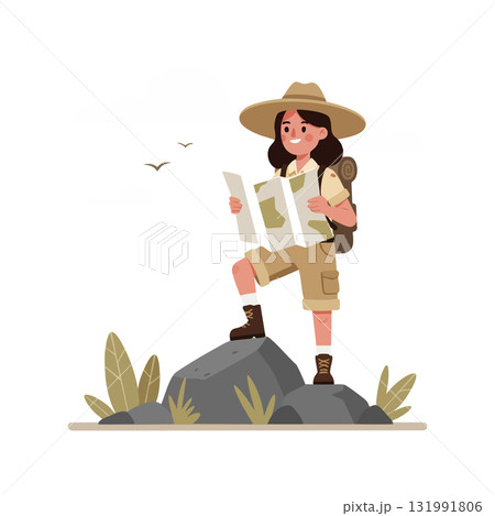 Female hiker exploring nature with map and backpack on rock outdoors adventure 131991806