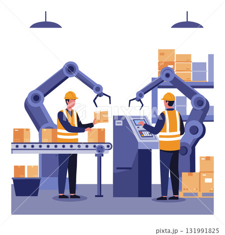 Industrial robotic arms with workers assembling and packing boxes in factory setting vector 131991825