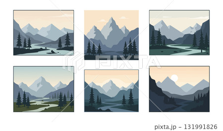 Mountain landscape set with river and pine trees in pastel colors and natural scenery vector illustrations Mountain landscape set with river and pine trees in pastel colors and natural scenery vector illustrations 131991826