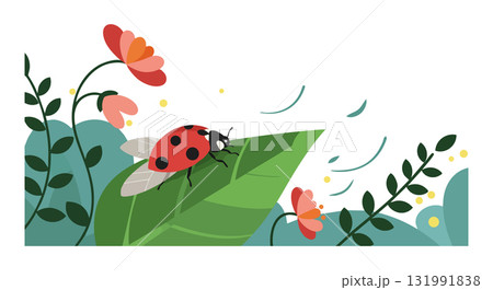 Ladybug on green leaf with red flowers and garden plants vector illustration 131991838