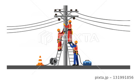 Electrical Workers Repairing Power Lines with Safety Equipment and Ladder Vector Illustration 131991856