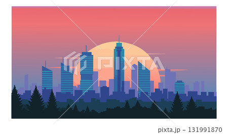 City skyline with sunset and pine trees silhouette in vibrant colors vector illustration City skyline with sunset and pine trees silhouette in vibrant colors vector illustration 131991870